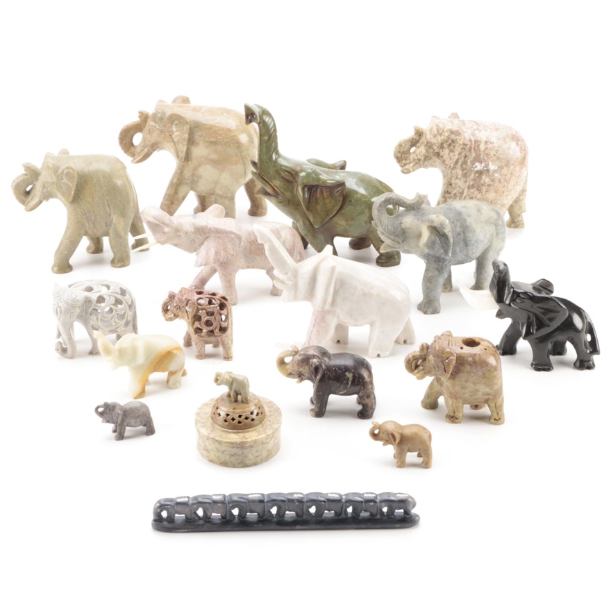 Carved Soapstone, Jasper, and Other Stone Elephant Figurines and Trinket Box