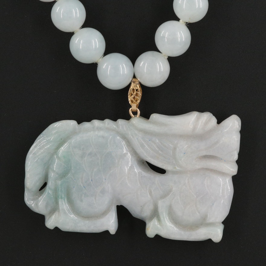 Carved Jadeite Dragon Pendant Necklace with 14K Clasp