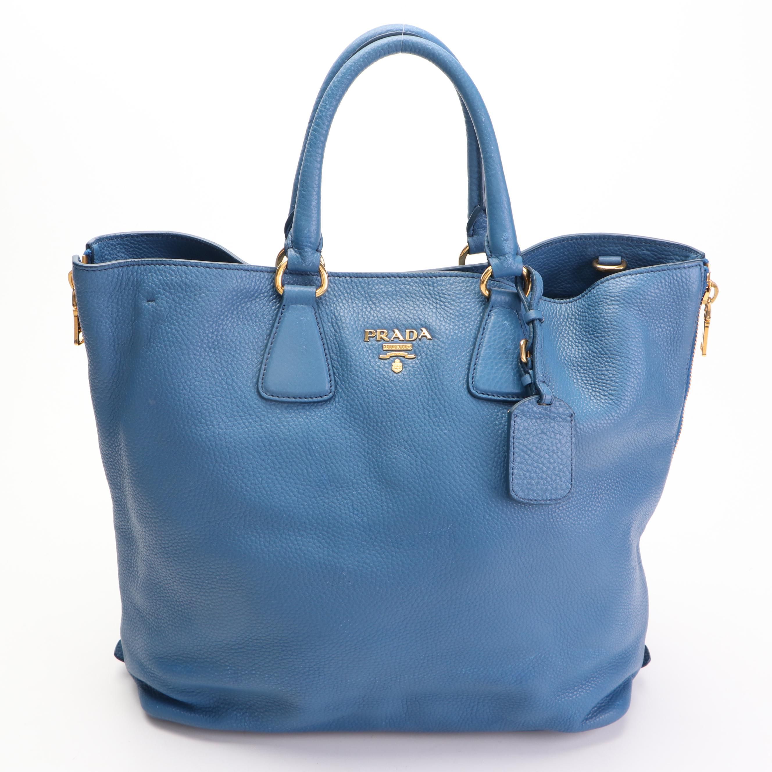 Prada Blue Vitello Daino Leather Side Zip Convertible Tote