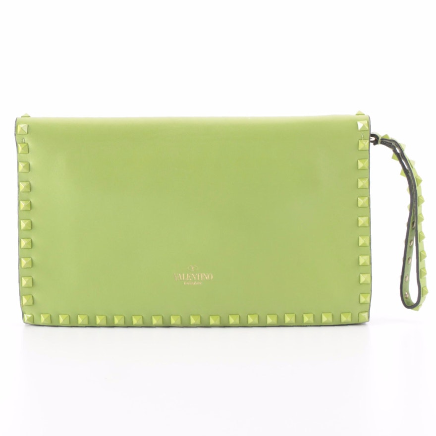 Valentino Rockstud Flap Clutch in Lime Green Smooth Leather