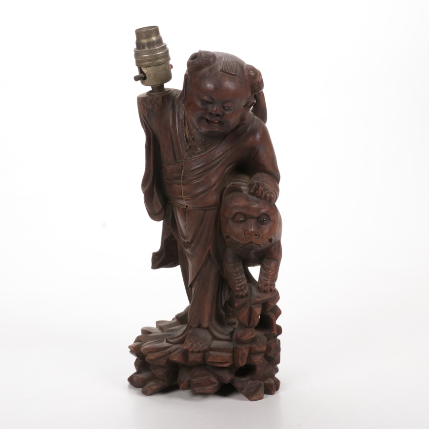 Chinese Carved Wood Figural Table Lamp Base