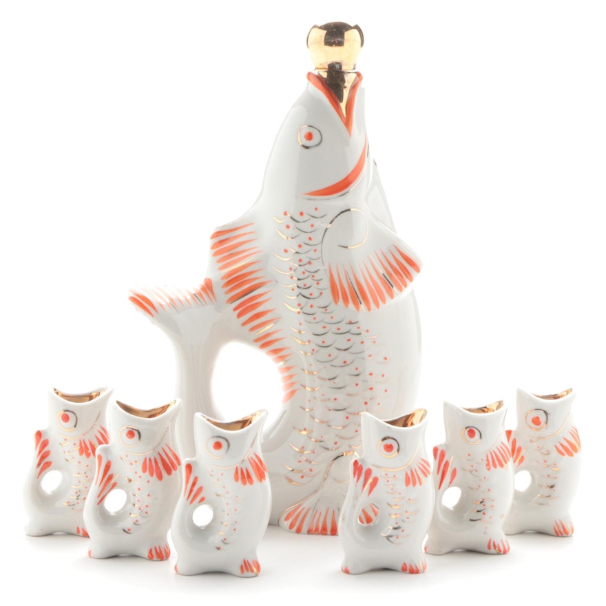 Polonne Hand-Painted Figural Fish Porcelain Decanter and Shot Glasses