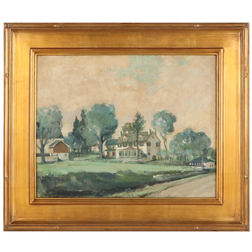 Landscape Oil Painting of Colonial House, 1933
