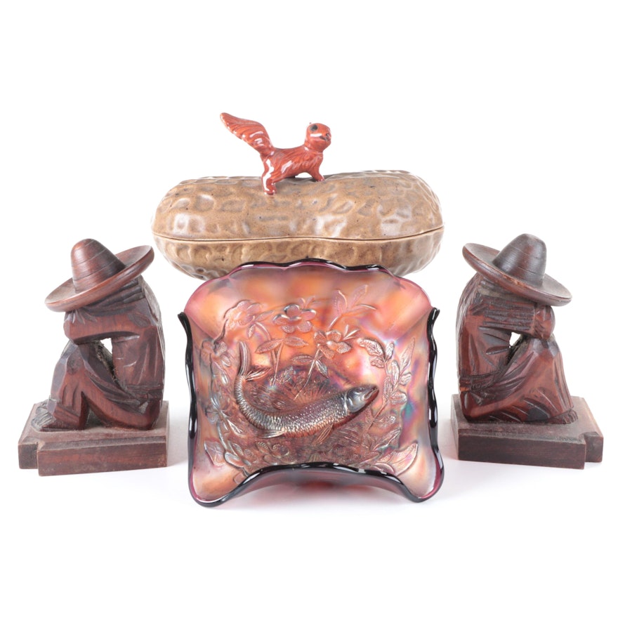 Carnival Glass Bowl with Fish Motif, Mexican Carved Wood Bookends, and Nut Dish