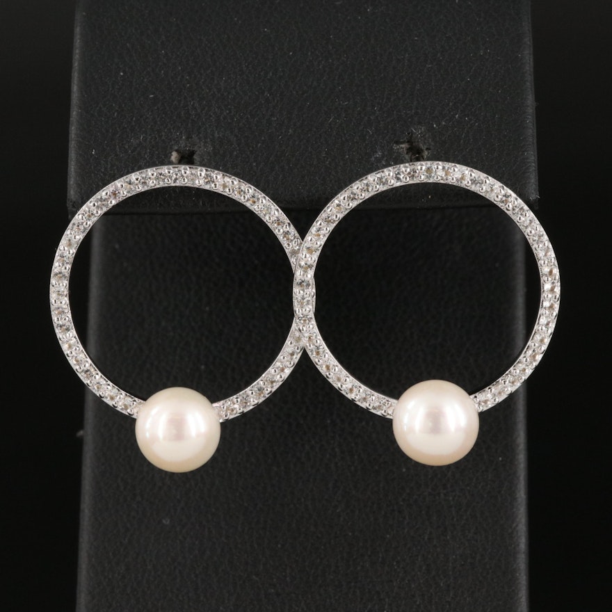 Sterling Silver Topaz Circle Drop Earrings with Pearl Accent