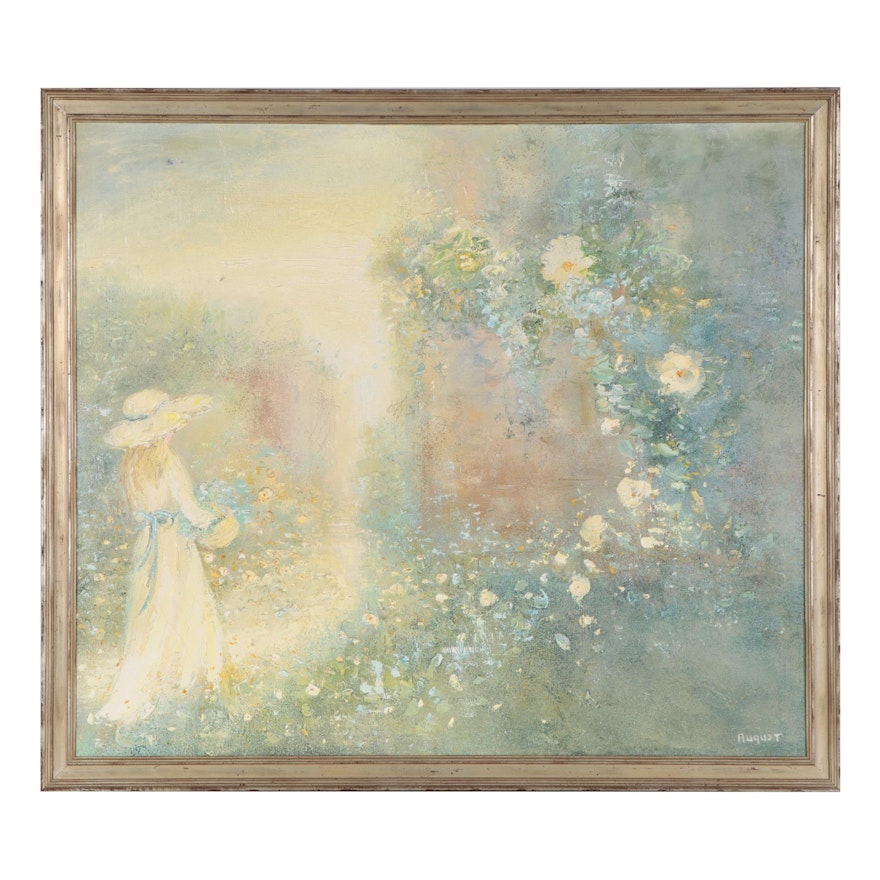 L. August Oil Painting "The Garden Gate," Mid-20th Century