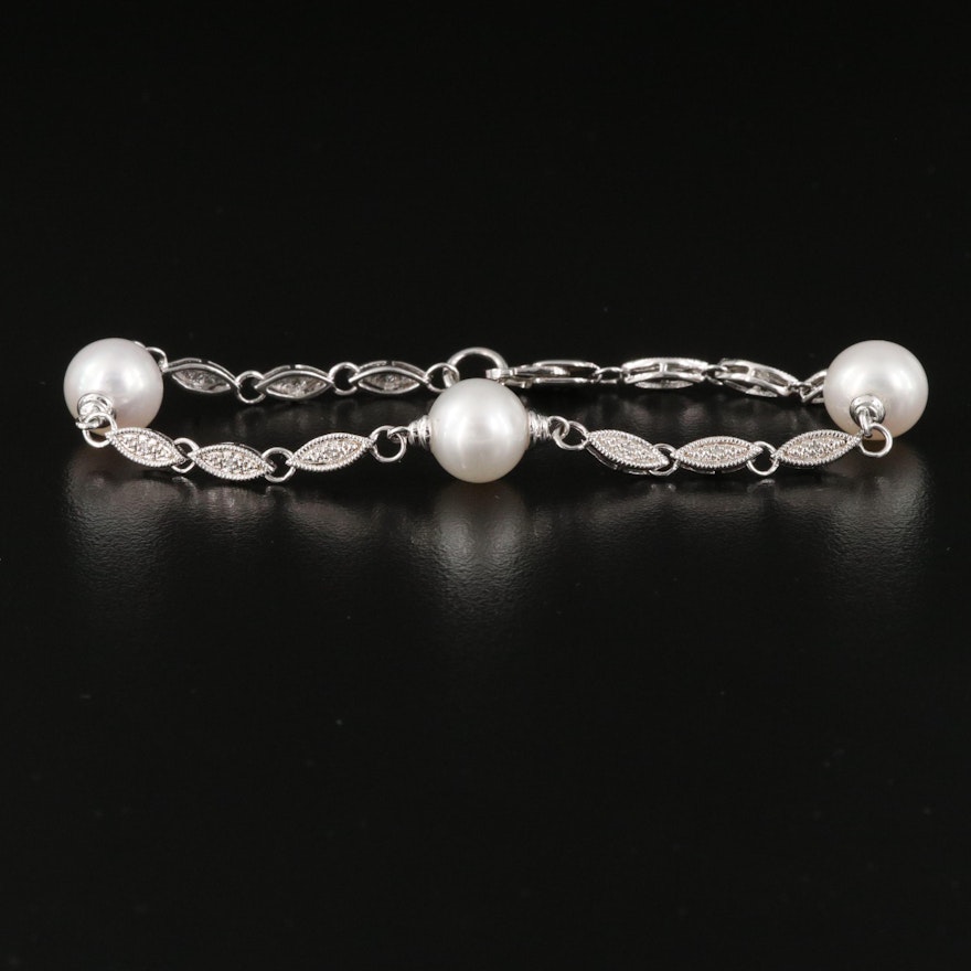 Sterling Silver Pearl and Diamond Station Bracelet