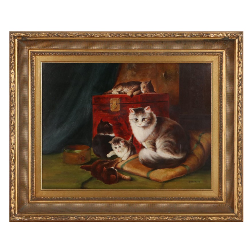 Borofsky Oil Painting Mother Cat and her Kittens, Mid to Late 20th Century