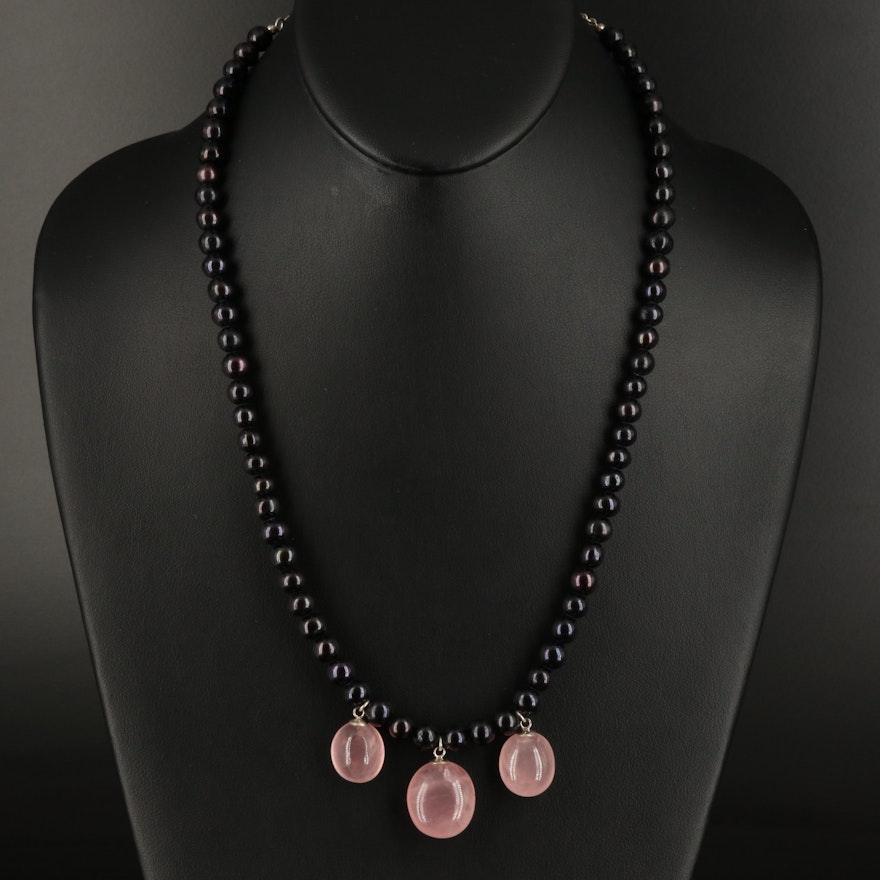 Sterling Rose Quartz and Pearl Necklace