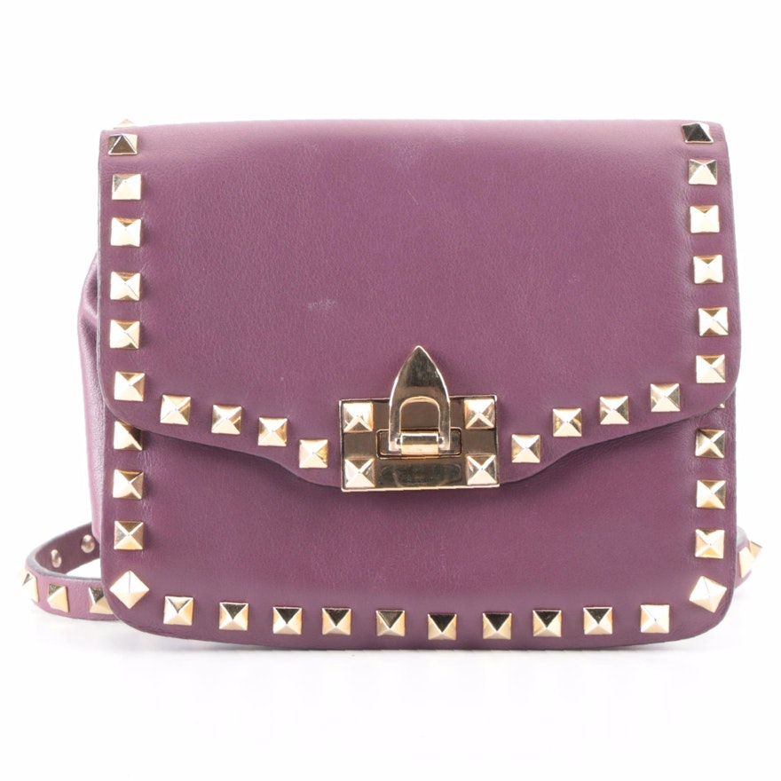 Valentino Small Rockstud Flip-Lock Crossbody Bag in Purple Leather
