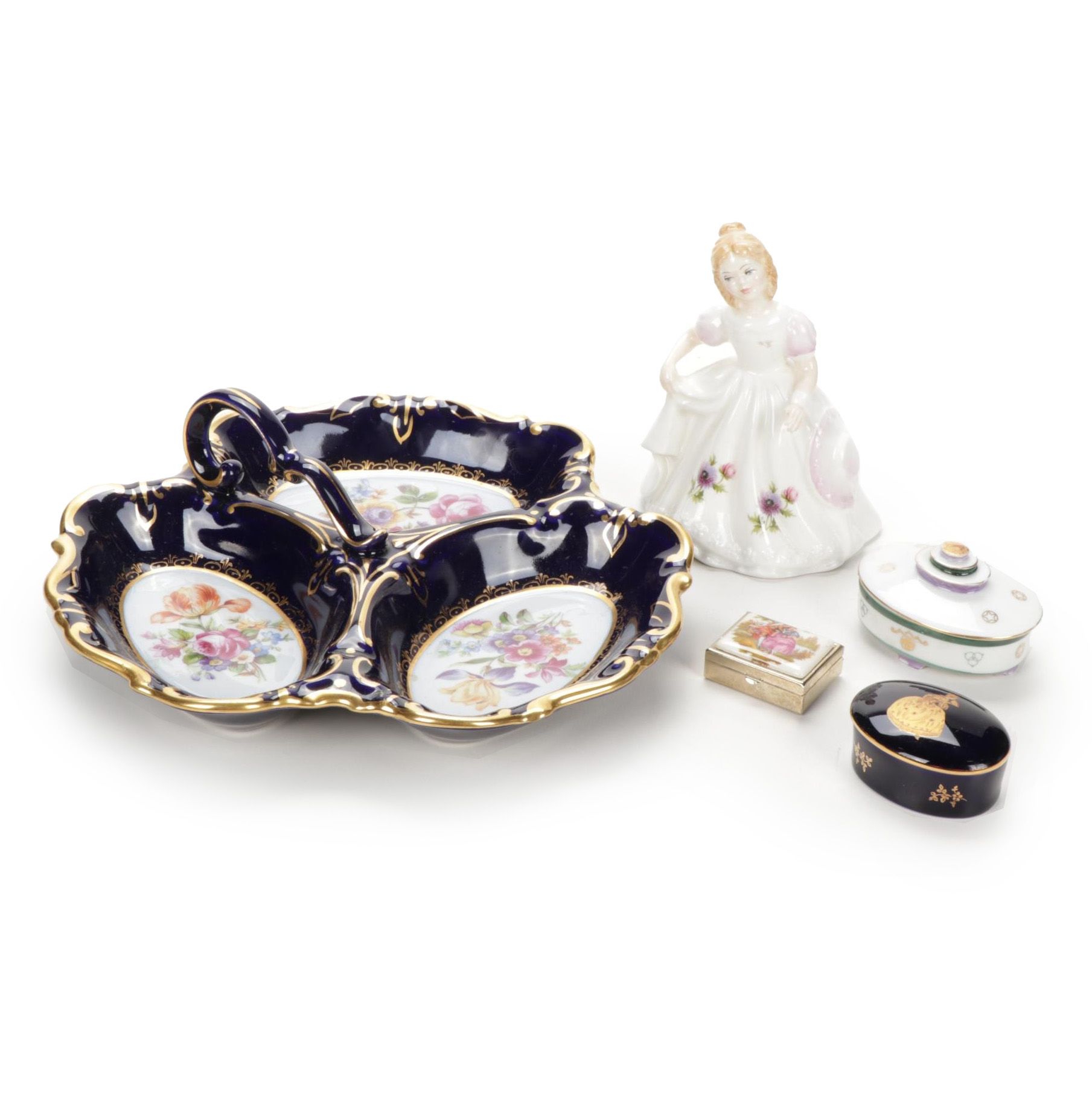 Graf Von Henneberg Relish Tray, Royal Doulton "March" Figurine and Limoges Boxes