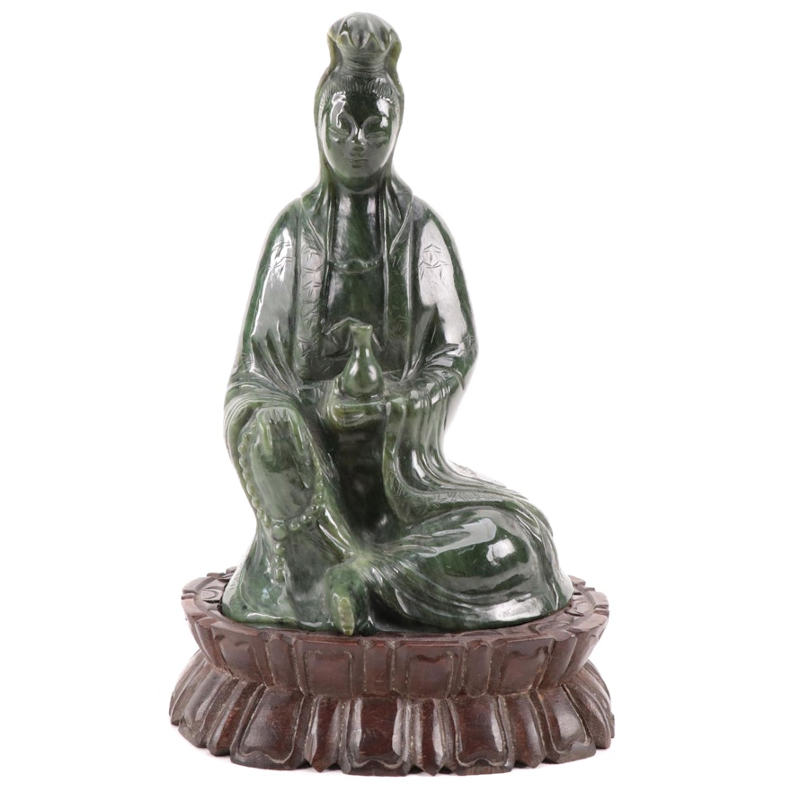 East Asian Carved Nephrite Figurine of Seated Guan Yin, 20th Century