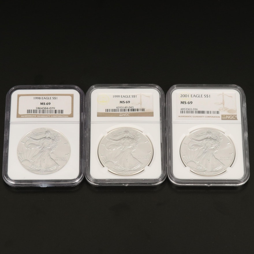 Three NGC Graded MS69 $1 American Silver Eagle Bullion Coins