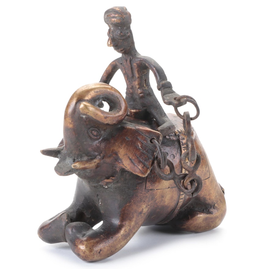 Indian Bronze Elephant with Rider Incense Burner