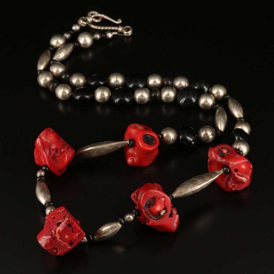 Coral and Black Onyx Beaded Necklace with Sterling Clasp