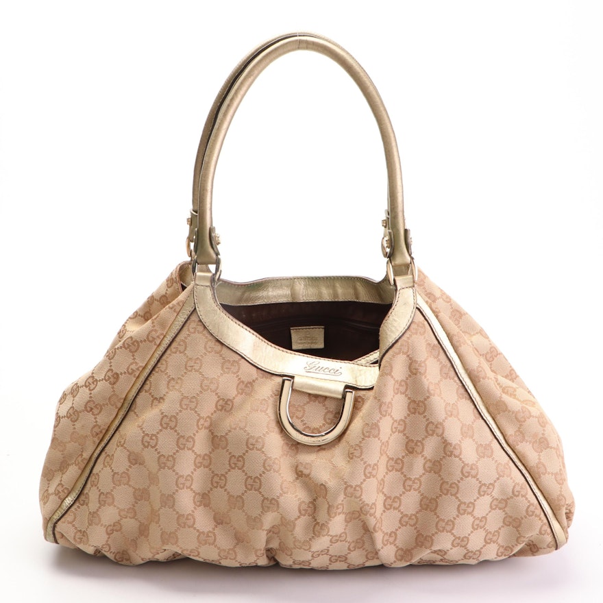 Gucci D-Ring Large Hobo Bag in GG Canvas and Metallic Gold Leather