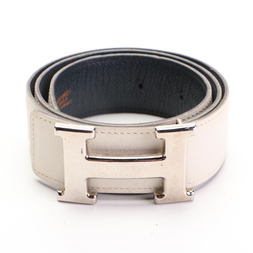 Hermès Constance Belt in White and Navy Reversible Leather