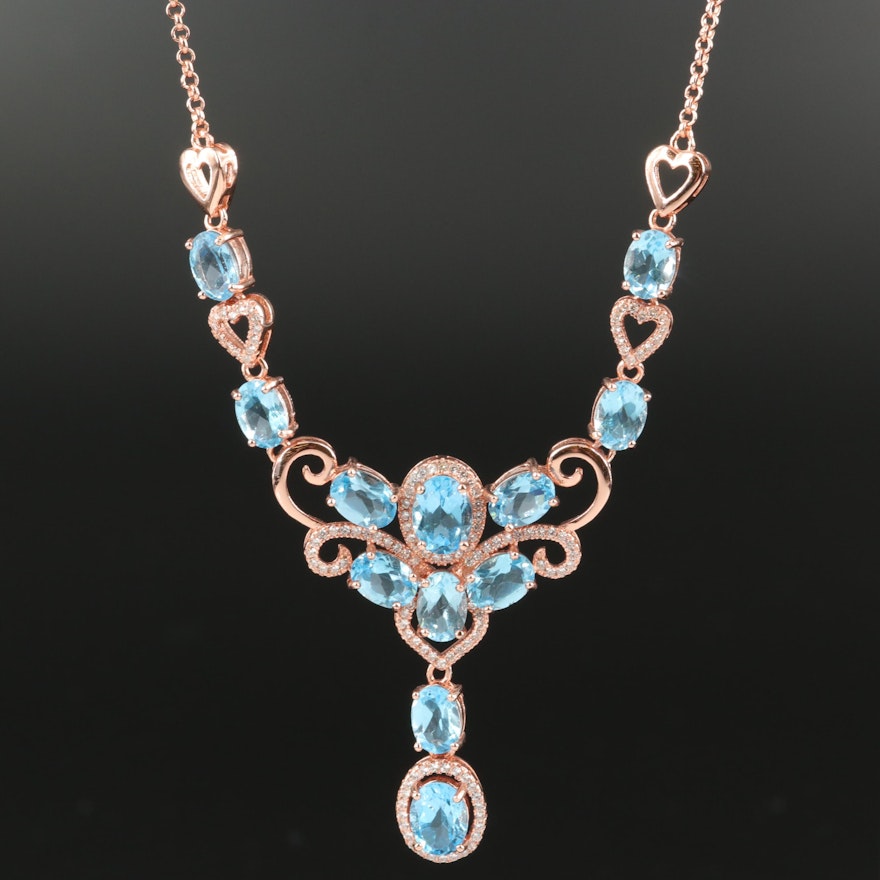 Sterling Sky Blue Topaz and Cubic Zirconia Drop Necklace with Heart Accents