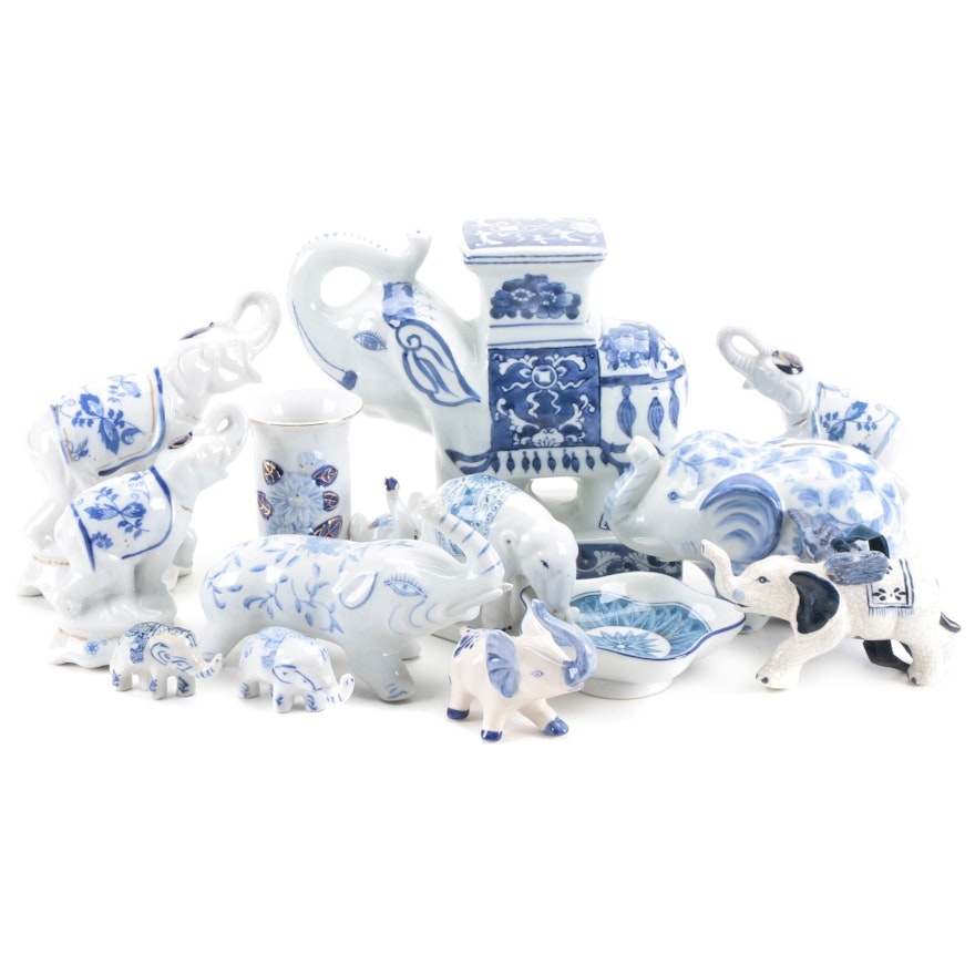 East Asian Style Blue and White Ceramic Elephant Form Figurines and Others