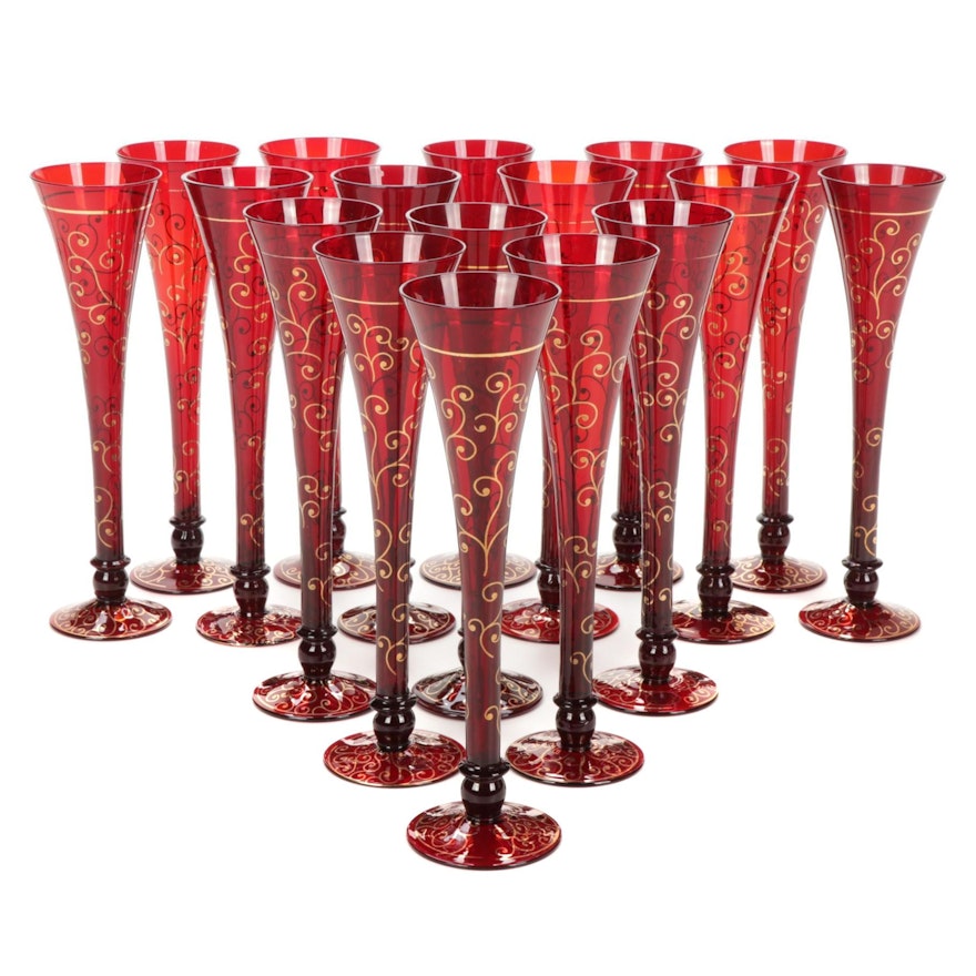 Ruby and Gold Accented Champange Flutes