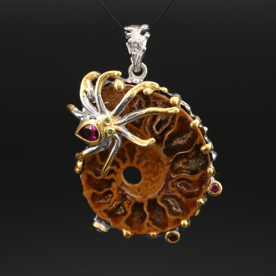 Sterling Ammonite, Garnet and Diopside Octopus Pendant