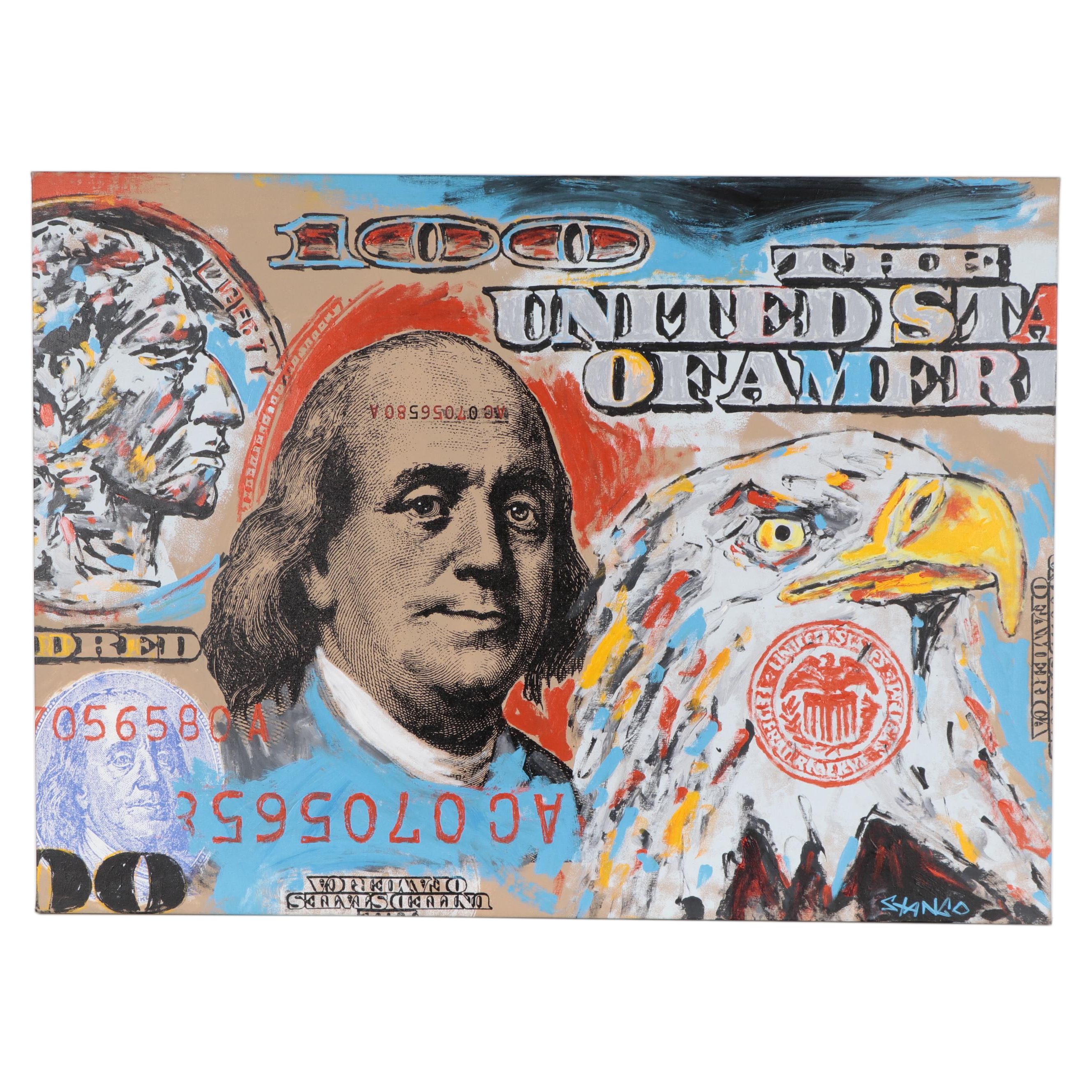 John Stango Large-Scale Pop Art Mixed Media Painting "Ben Hundred"