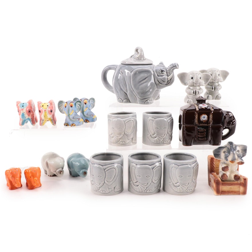 Ceramic Elephant Teapot and Cups with Other Ceramic Shakers and Accessories