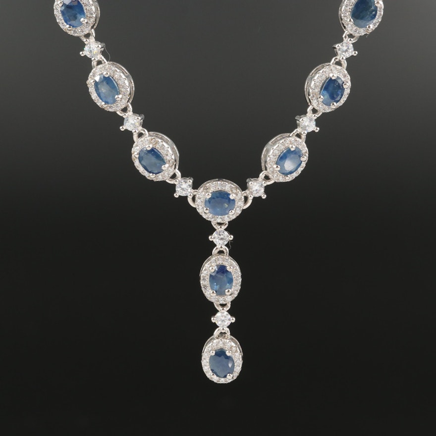 Sterling Sapphire and Cubic Zirconia Drop Necklace