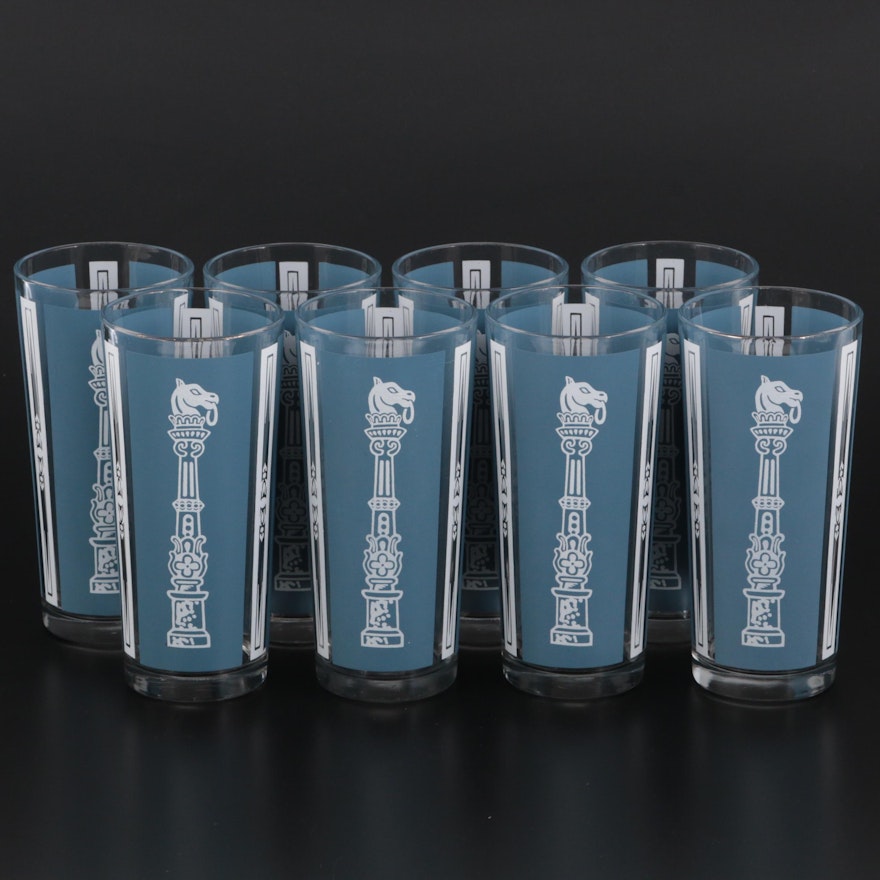 Mid Century Modern Blue and White Hitching Post Glass Tumblers