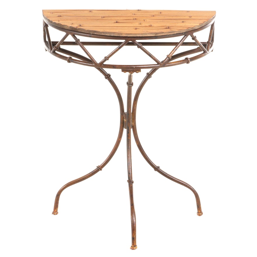 Patinated Metal and Split-Bamboo Demilune Side Table