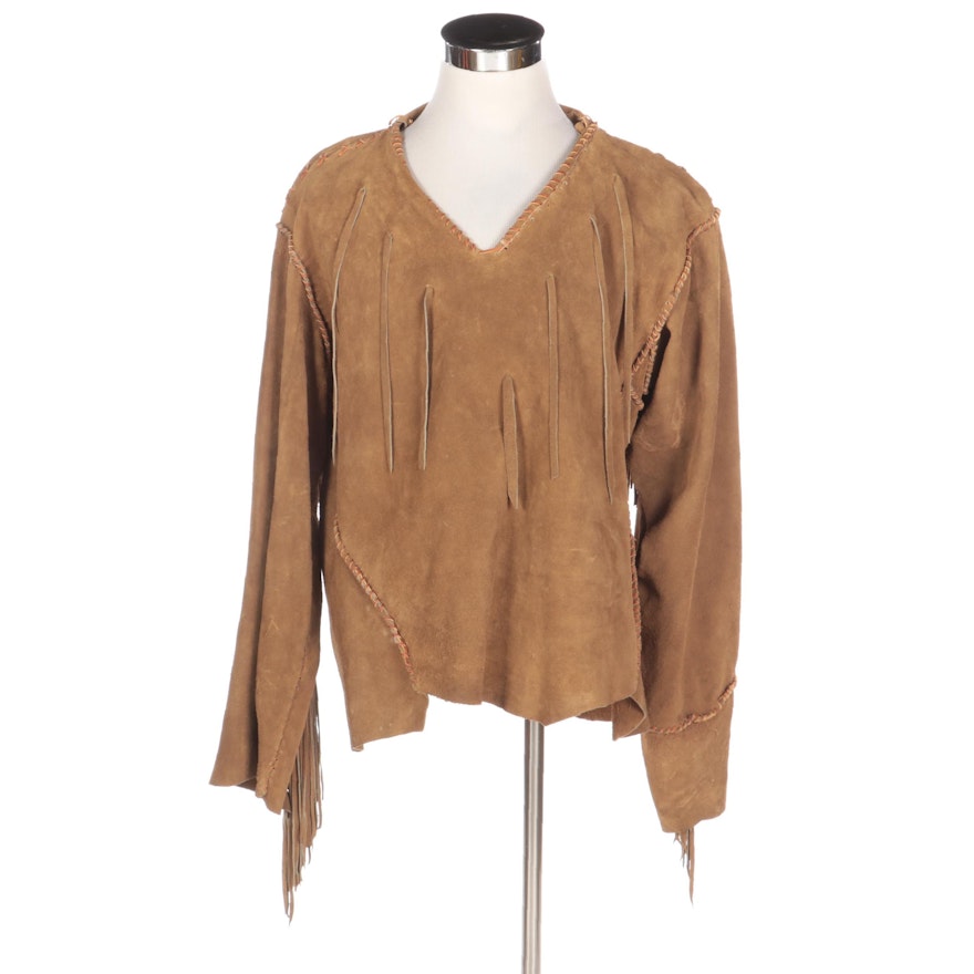 Men's Dark Tan Suede V-Neck Mountain Shirt with Fringe and Whipstiching