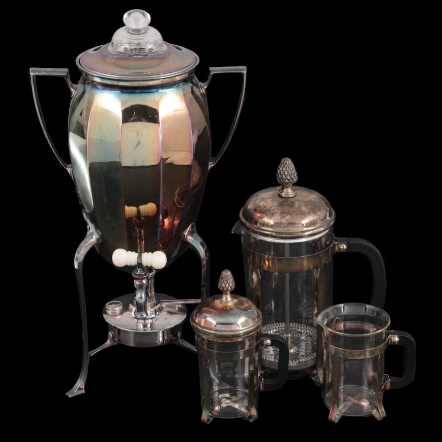Universal Silver Plate Coffee Percolator and Pyrex French Press Coffee Set