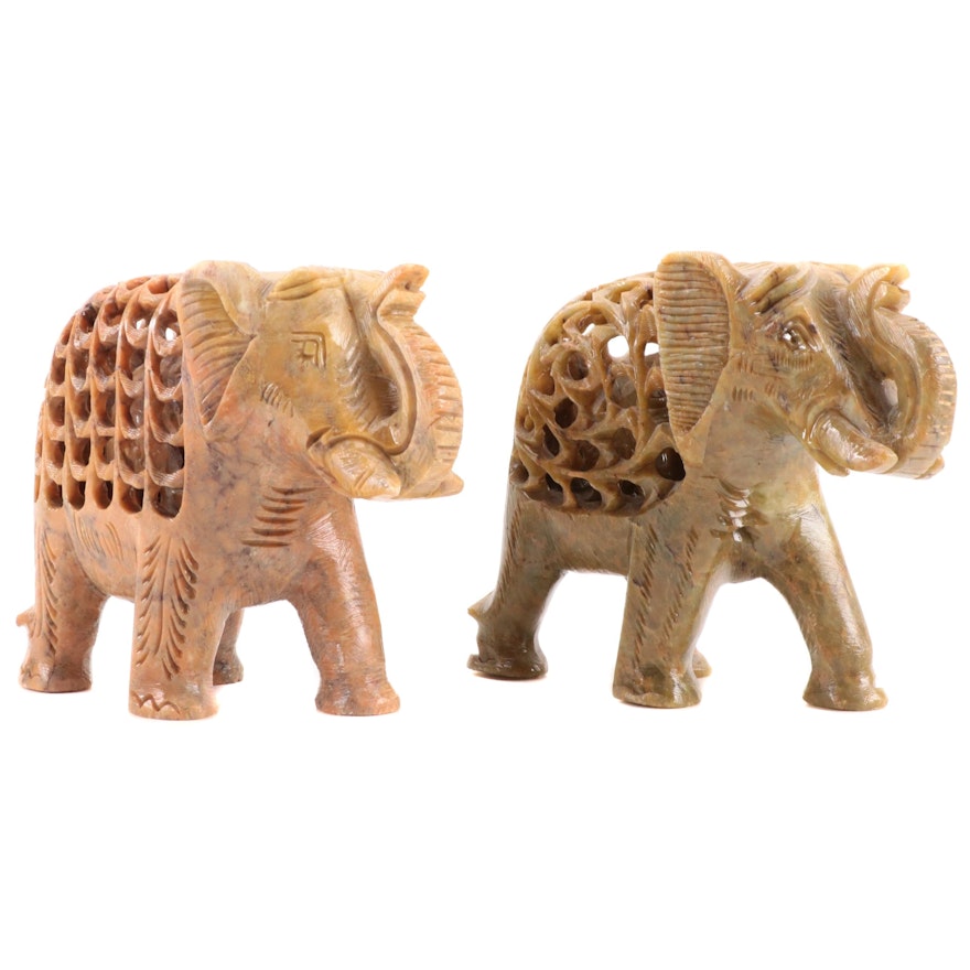 Pair of  Southeast Asian Soapstone Carved Reticulated Elephant Figurines
