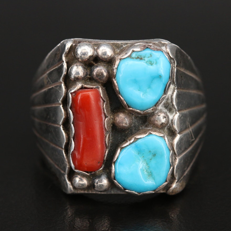 Southwestern Sterling Turquoise and Coral Ring
