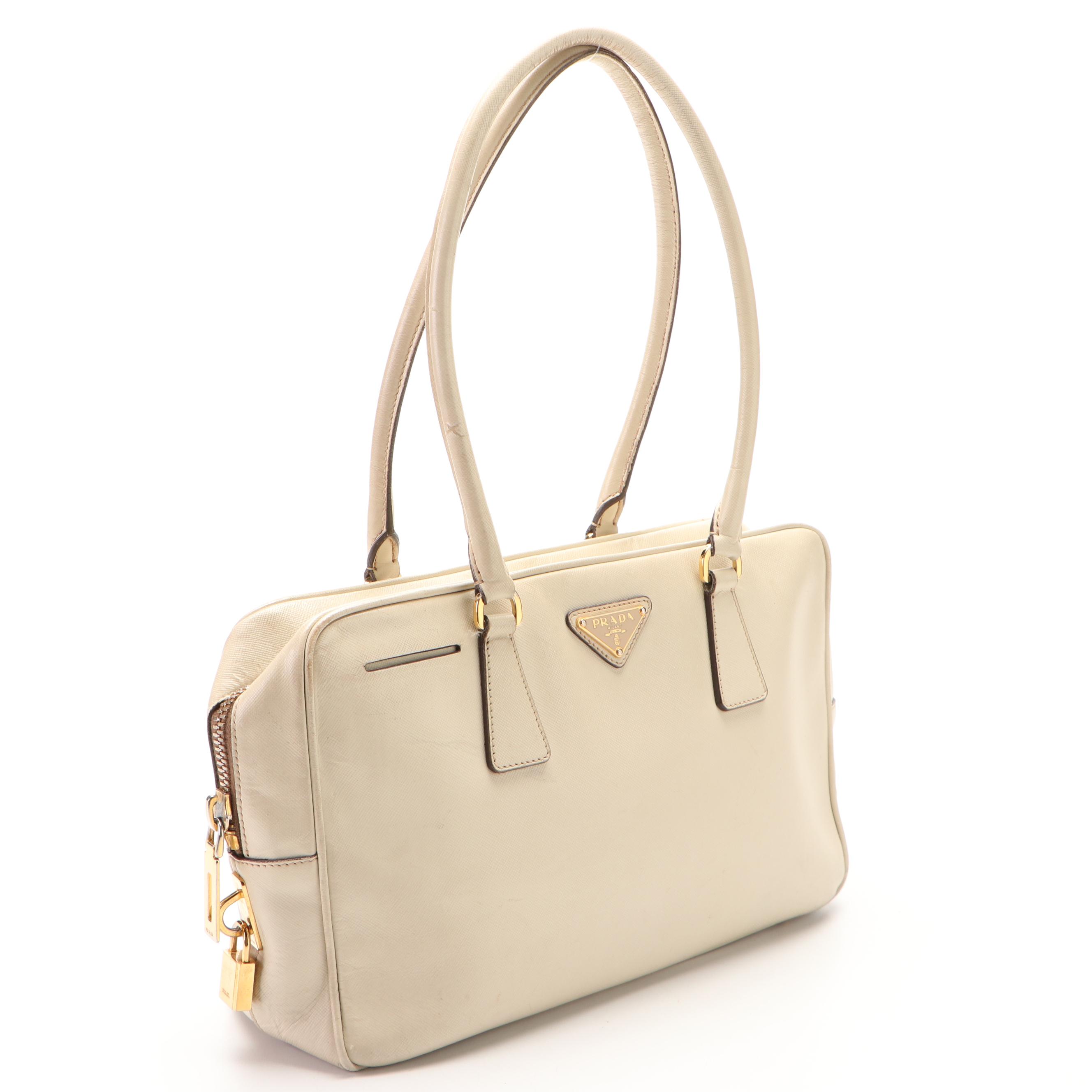 Prada Bauletto Bag in Off-White Saffiano Leather