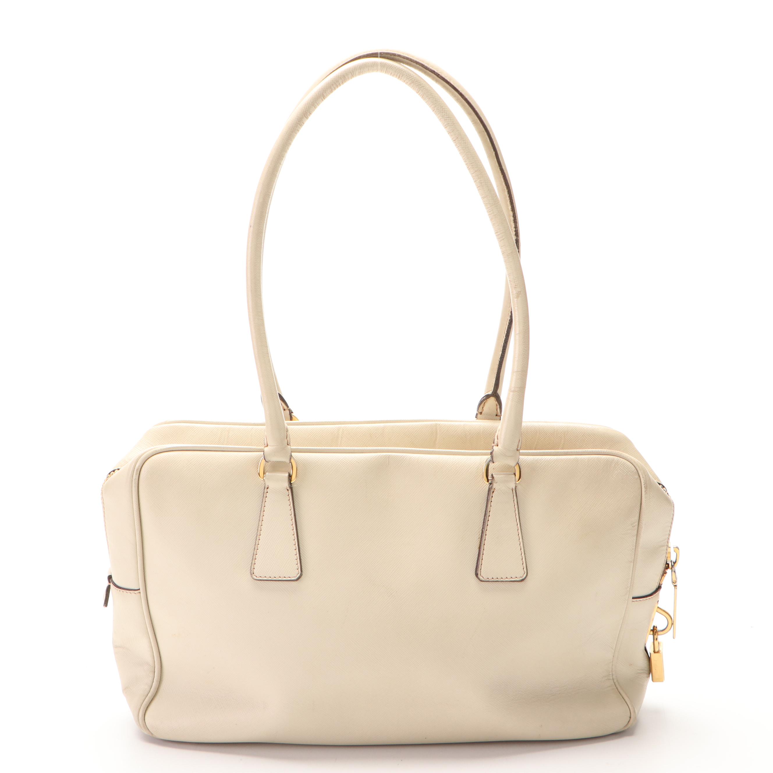 Prada Bauletto Bag in Off-White Saffiano Leather