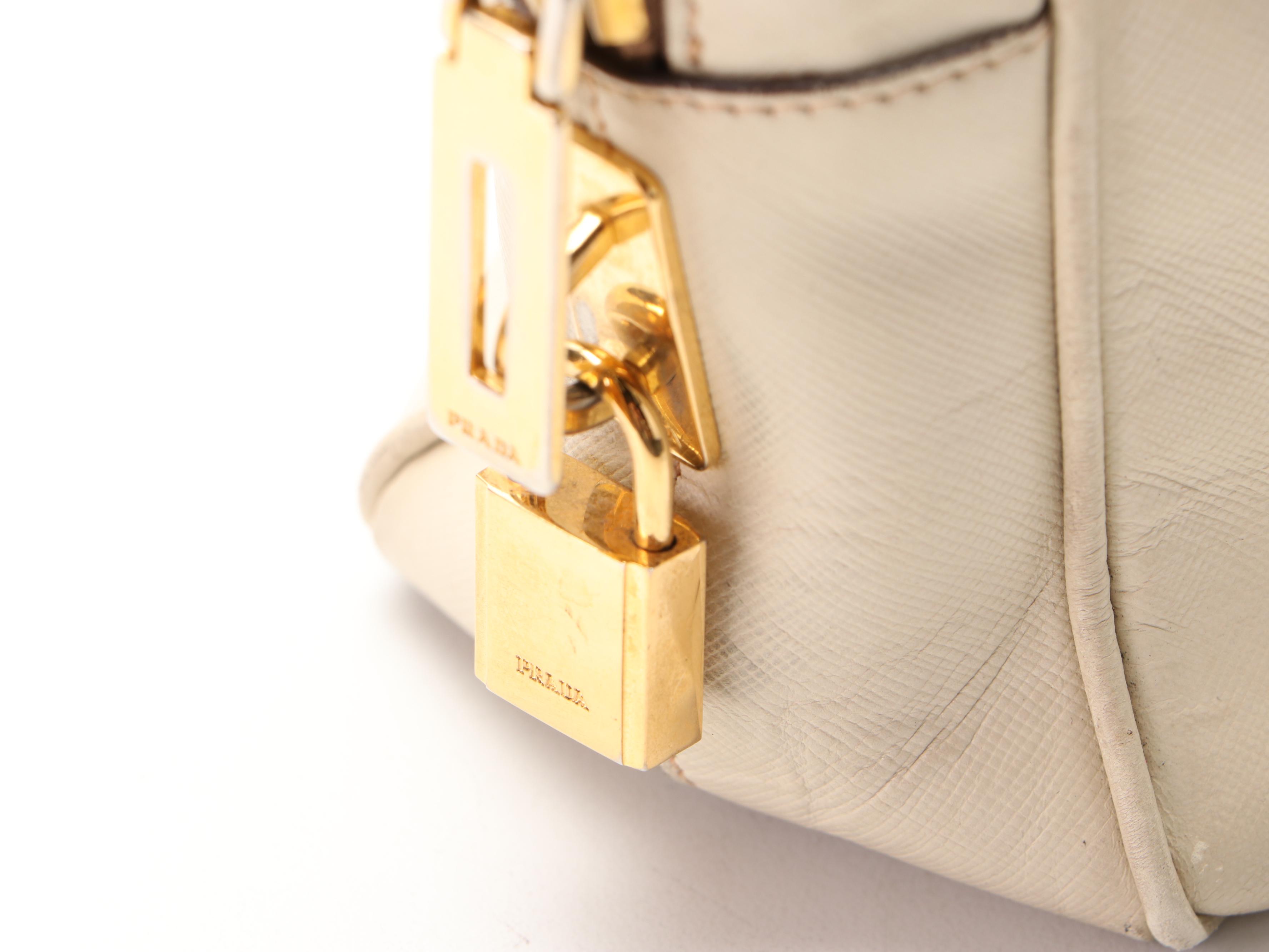 Prada Bauletto Bag in Off-White Saffiano Leather