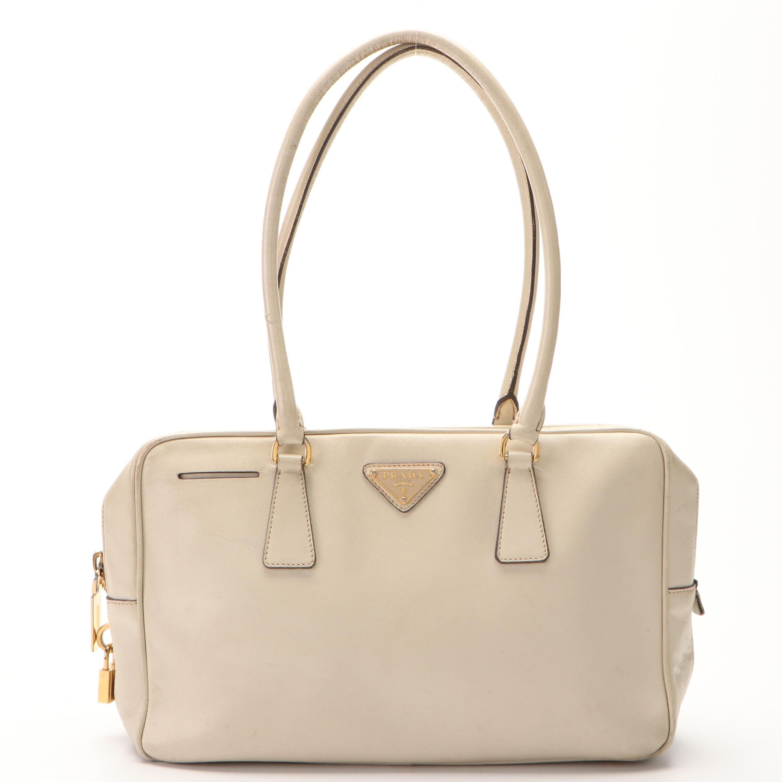 Prada Bauletto Bag in Off-White Saffiano Leather