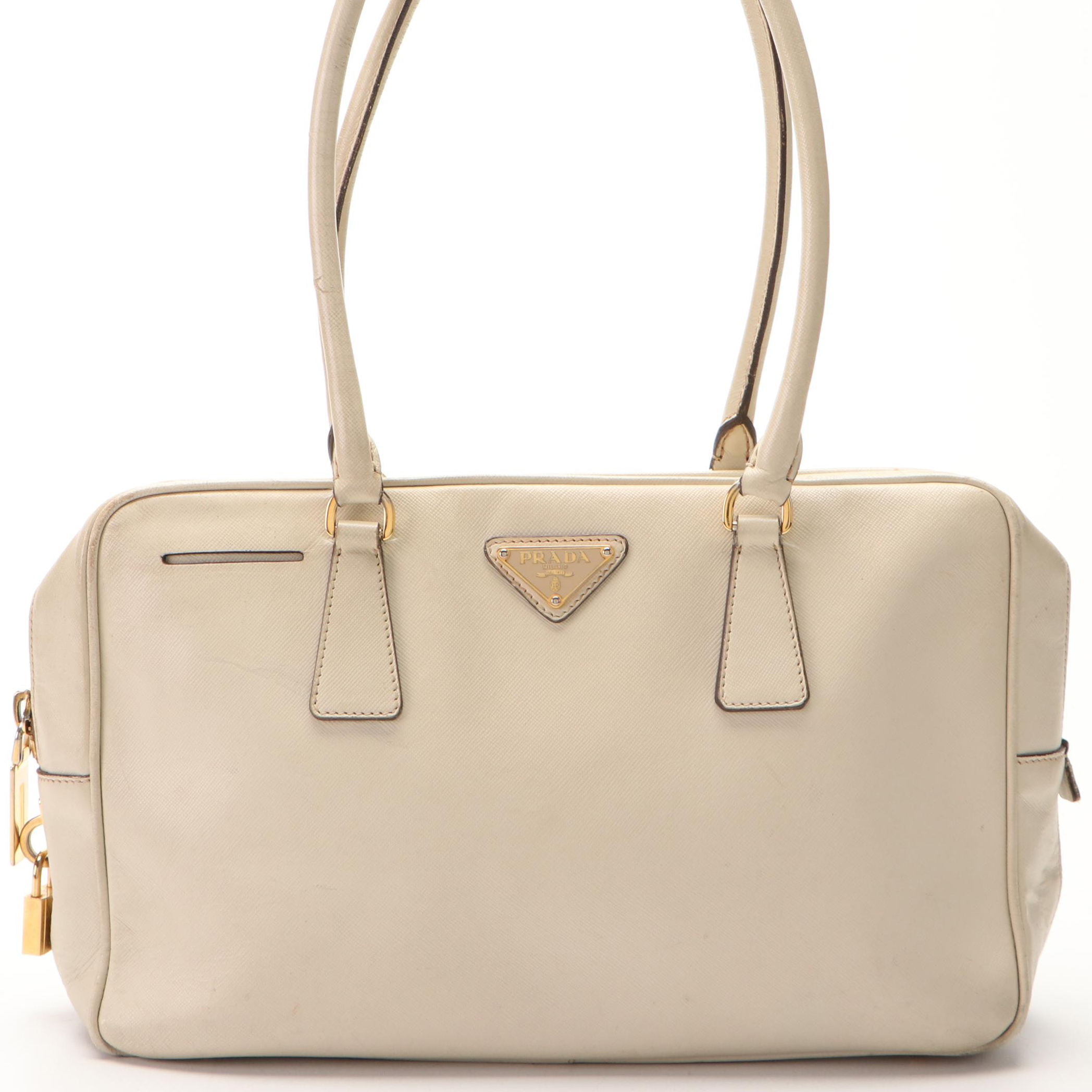 Prada Bauletto Bag in Off-White Saffiano Leather