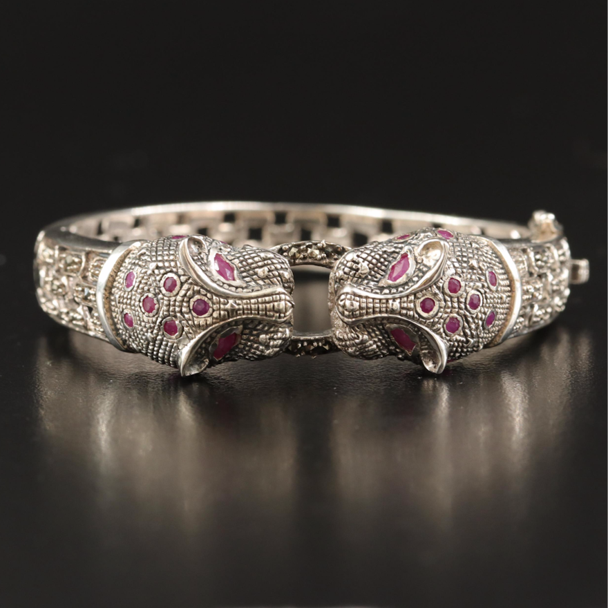 Sterling Ruby and Marcasite Feline Door Knocker Hinged Bangle