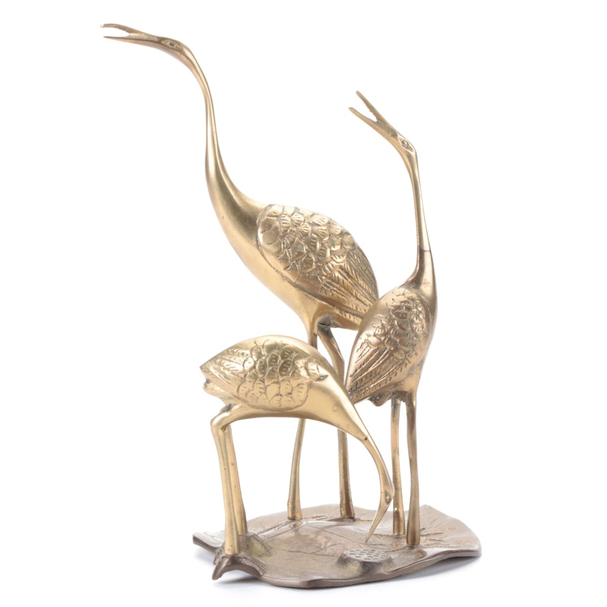 Modernist Cast Brass Figurine of Three Cranes on a Lily Pad