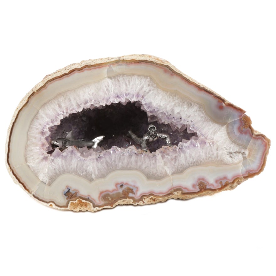 Amethyst Geode with Pewter Scuba Diver and Shark