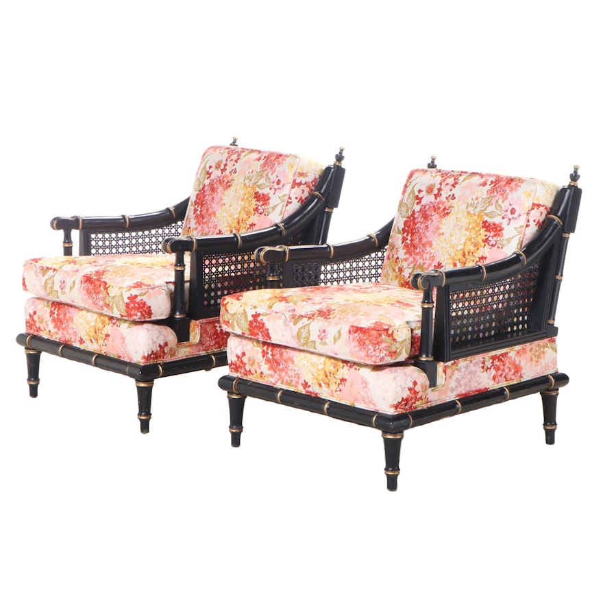 Ebonized and Parcel-Gilt Frame with Cane Arm Floral Upholstered Chairs