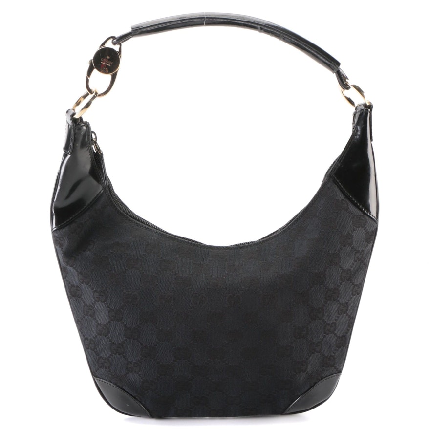 Gucci Hobo Shoulder Bag in Black GG Canvas and Patent Leather