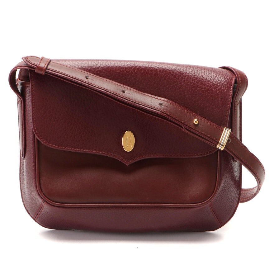 Must de Cartier Flap Front Shoulder Bag in Bourdeau Grained and Smooth Leather