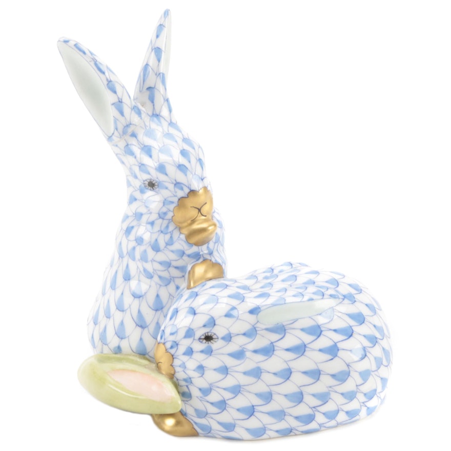 Herend Blue Fishnet with Gold "Pair of Rabbits with Corn" Porcelain Figurine
