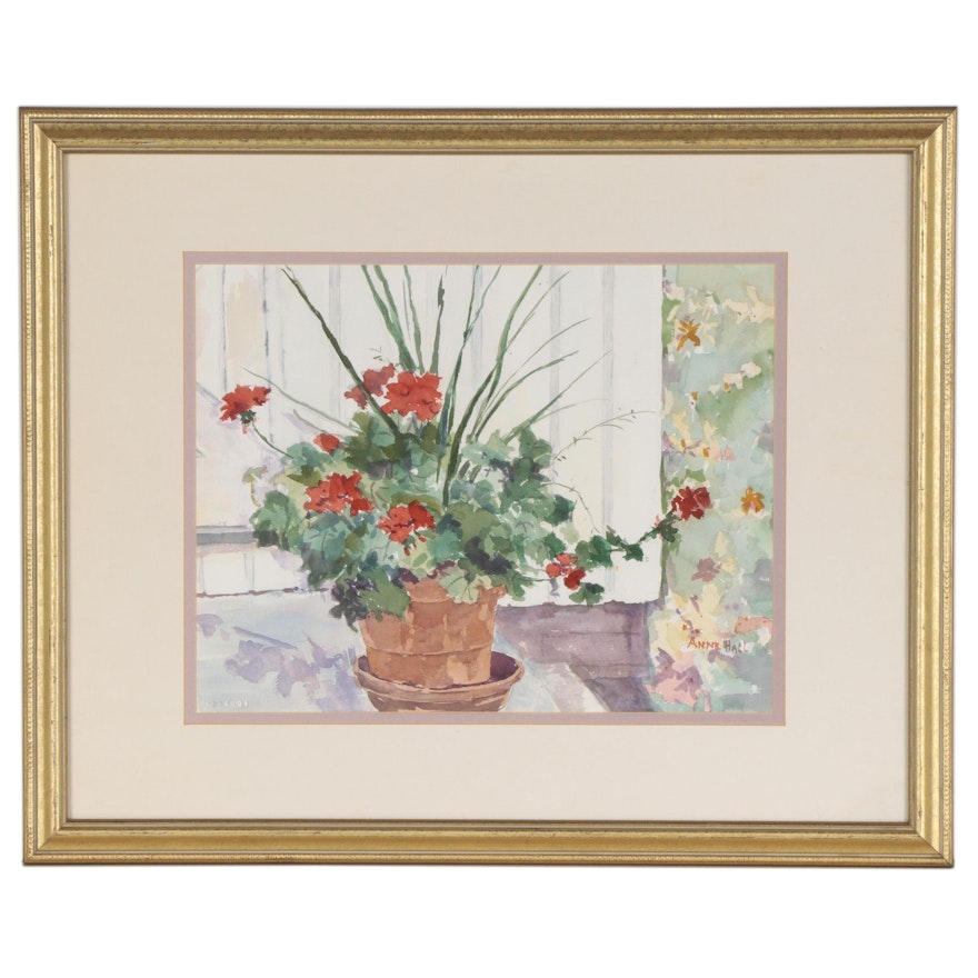 Anne Hall Floral Still Life Watercolor Painting, Late 20th Century