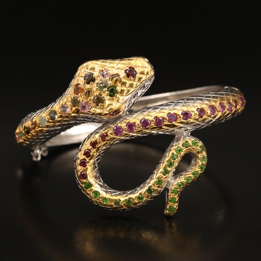 Sterling Tourmaline, Rhodolite Garnet and Diopside Snake Hinged Bangle