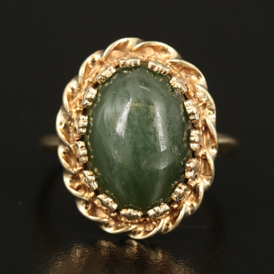14K Nephrite Ring with Scalloped Halo