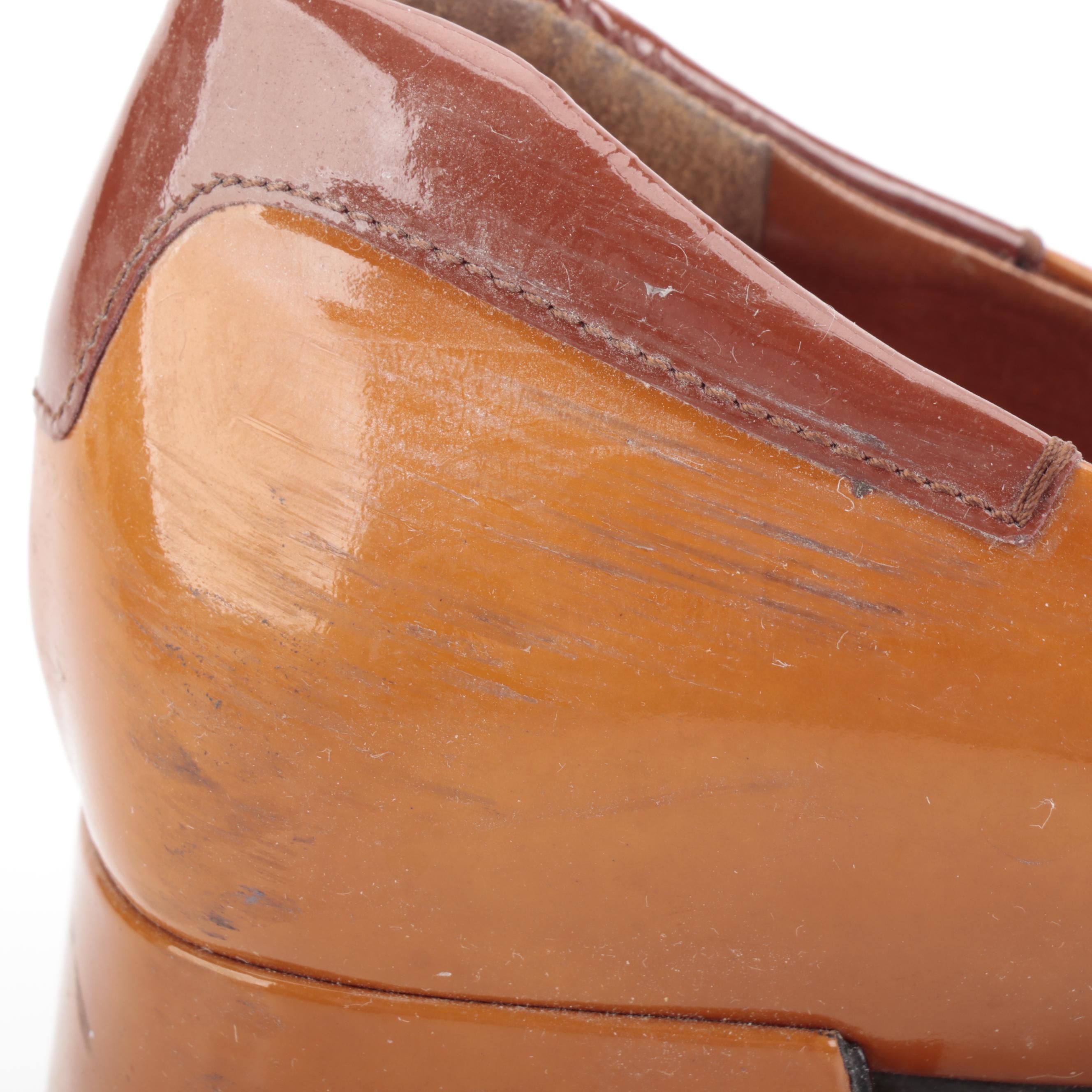 Prada Block Heel Loafers in Bicolor Patent Leather